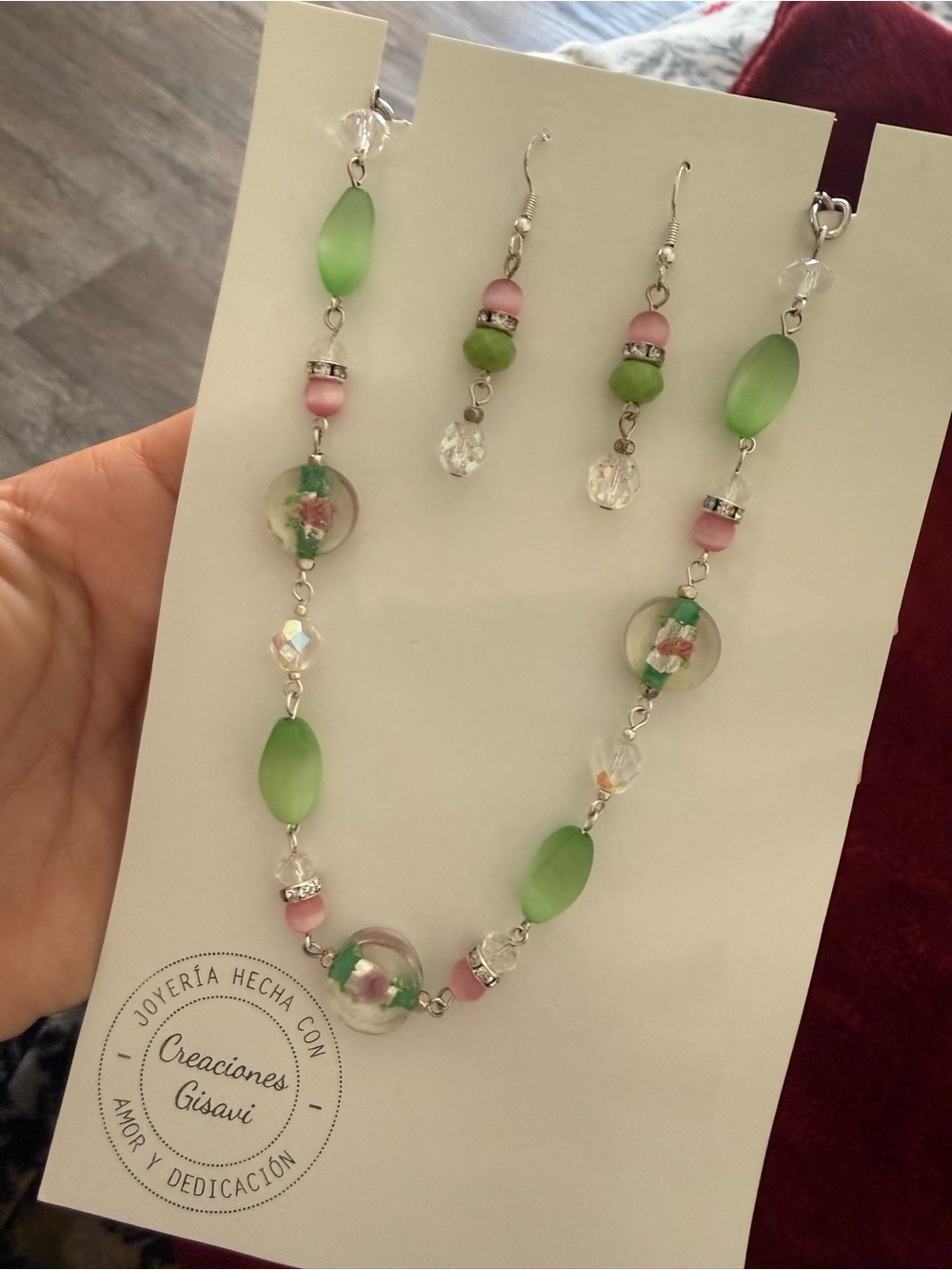 Handmade green and pink necklace